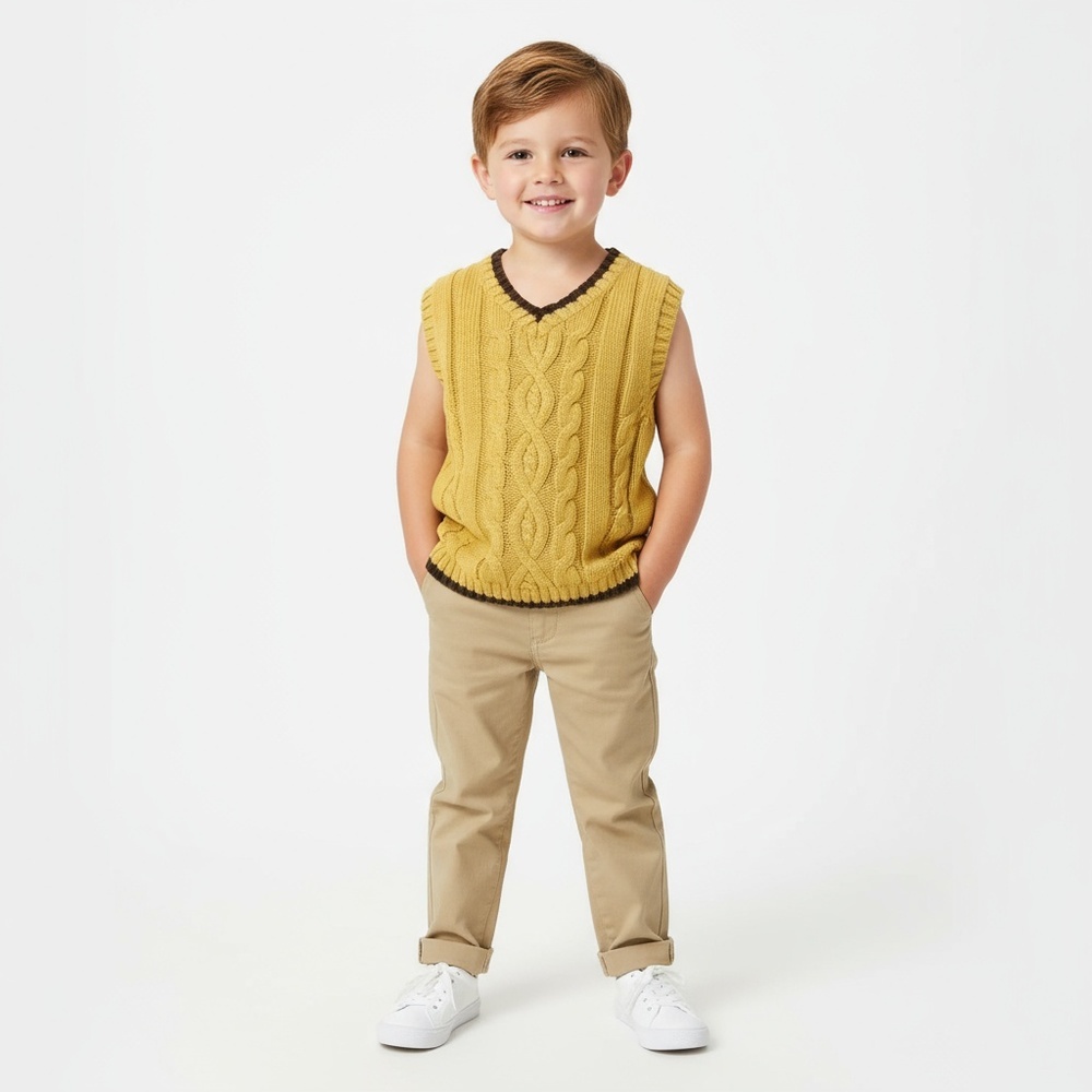 janie and jack 2T Yellow Cable Knit Sweater Vest‎ Brown Trim V Neck Cotton Blend